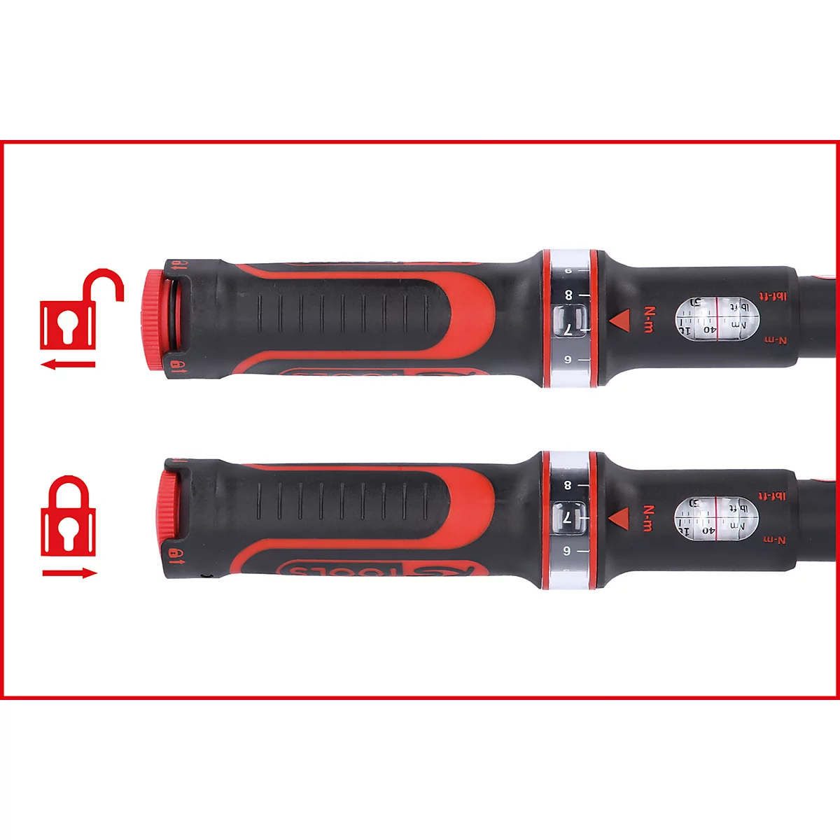 Zwei Drehmomentschlüssel, einer verriegelt, einer entriegelt. Roter Knopf und Griff, Messanzeige.