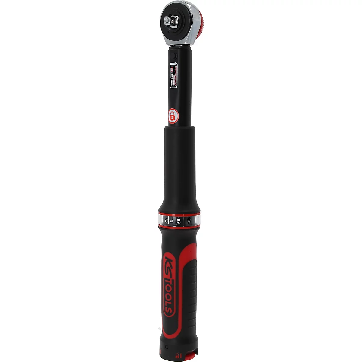 Drehmomentschlüssel, schwarz-rot, mit silbernem Kopf.