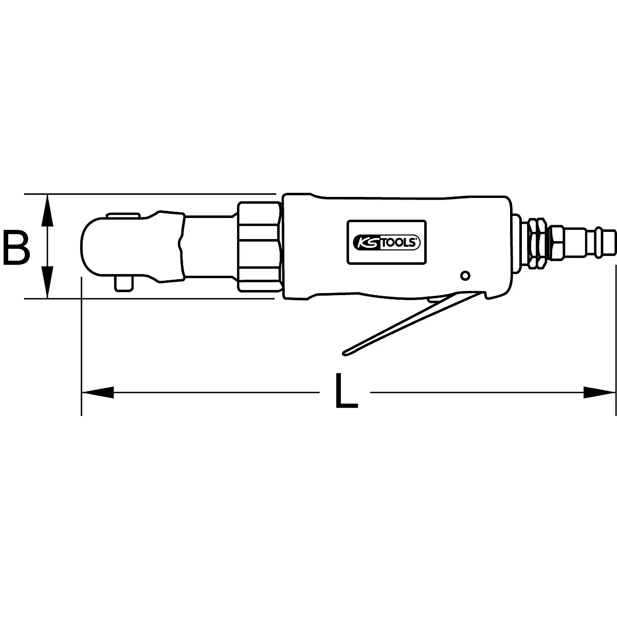 Zeichnung eines Druckluftschraubers mit Maßangaben B und L. Das Logo von KS TOOLS ist erkennbar.