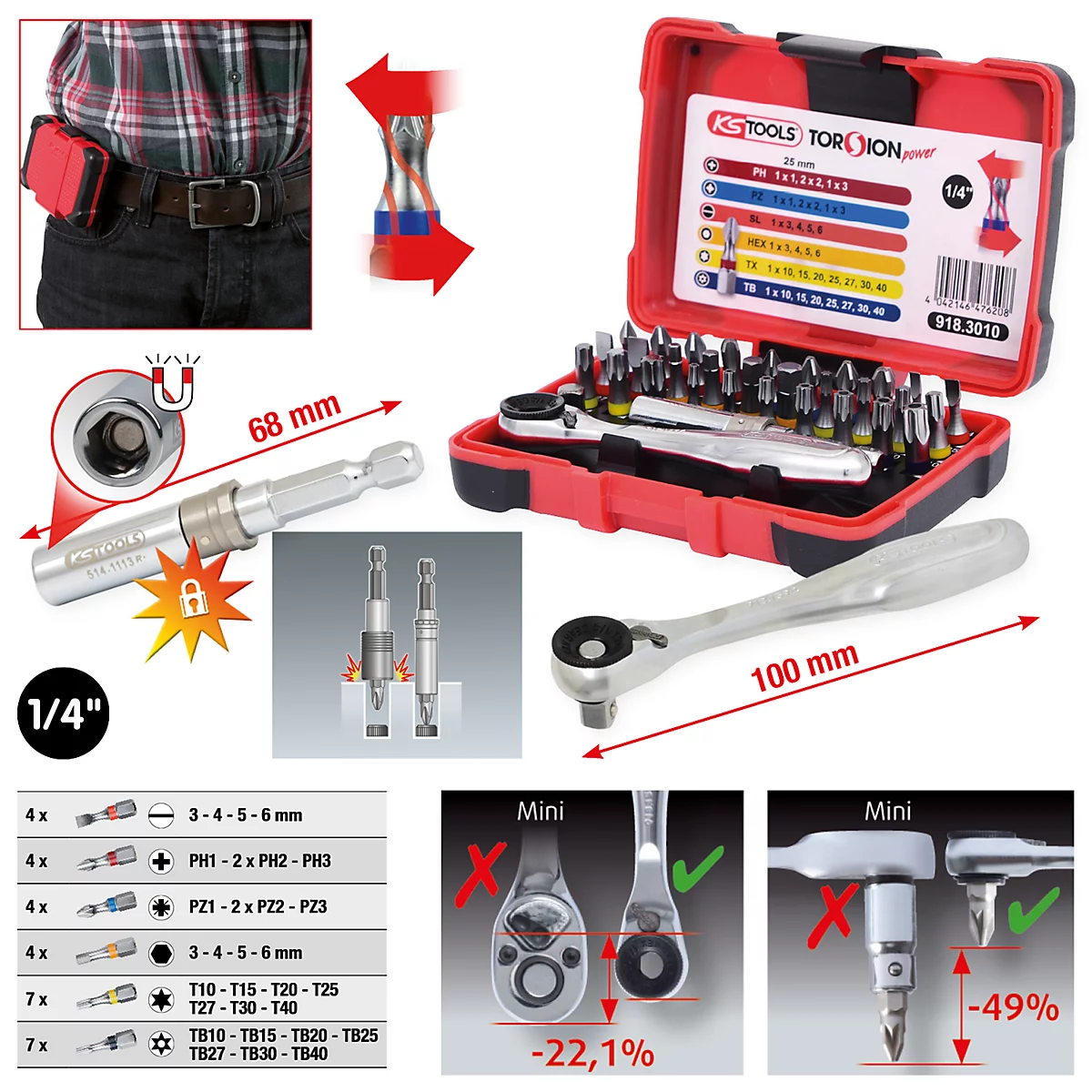 Werkzeugkasten mit Bits und Knarre, Details und Anwendung.