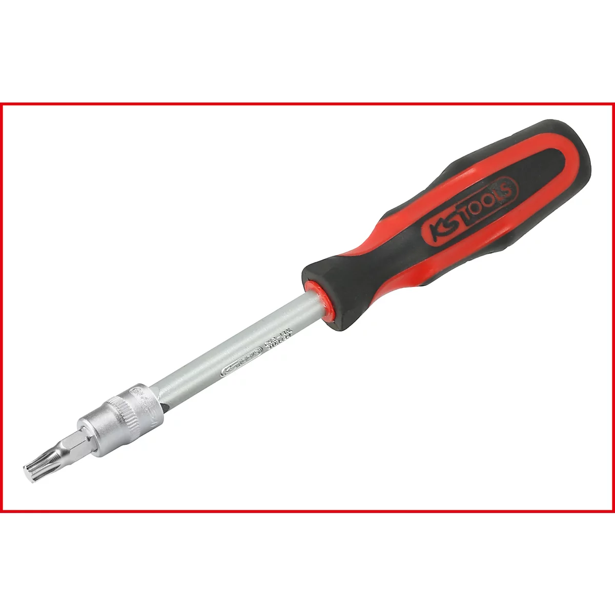 Ein Schraubendreher mit rotem und schwarzem Griff, auf dem "KS TOOLS" steht. Der Schraubendreher hat einen silbernen Schaft und eine silberne Spitze.