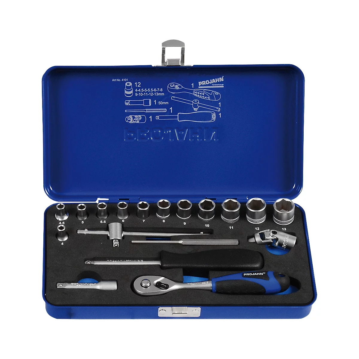 Blue toolbox, open. Contains various tools, such as wrenches and sockets. On the lid there is the lettering: PROJAHN.