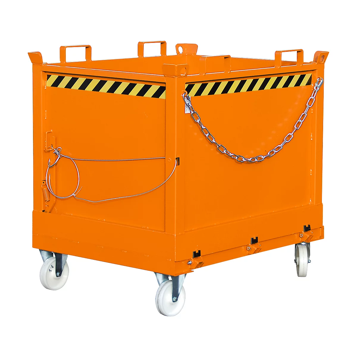 Orange transport box with castors, chain and warning stripes.