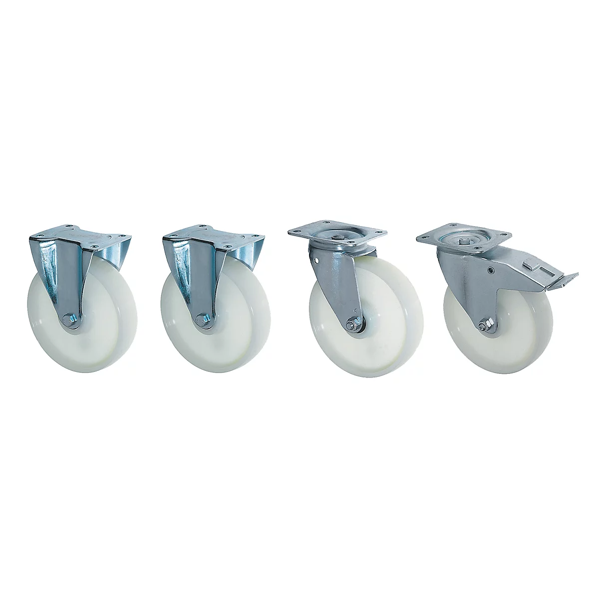 Four casters arranged in a row. Each caster has a white wheel and a metal frame.