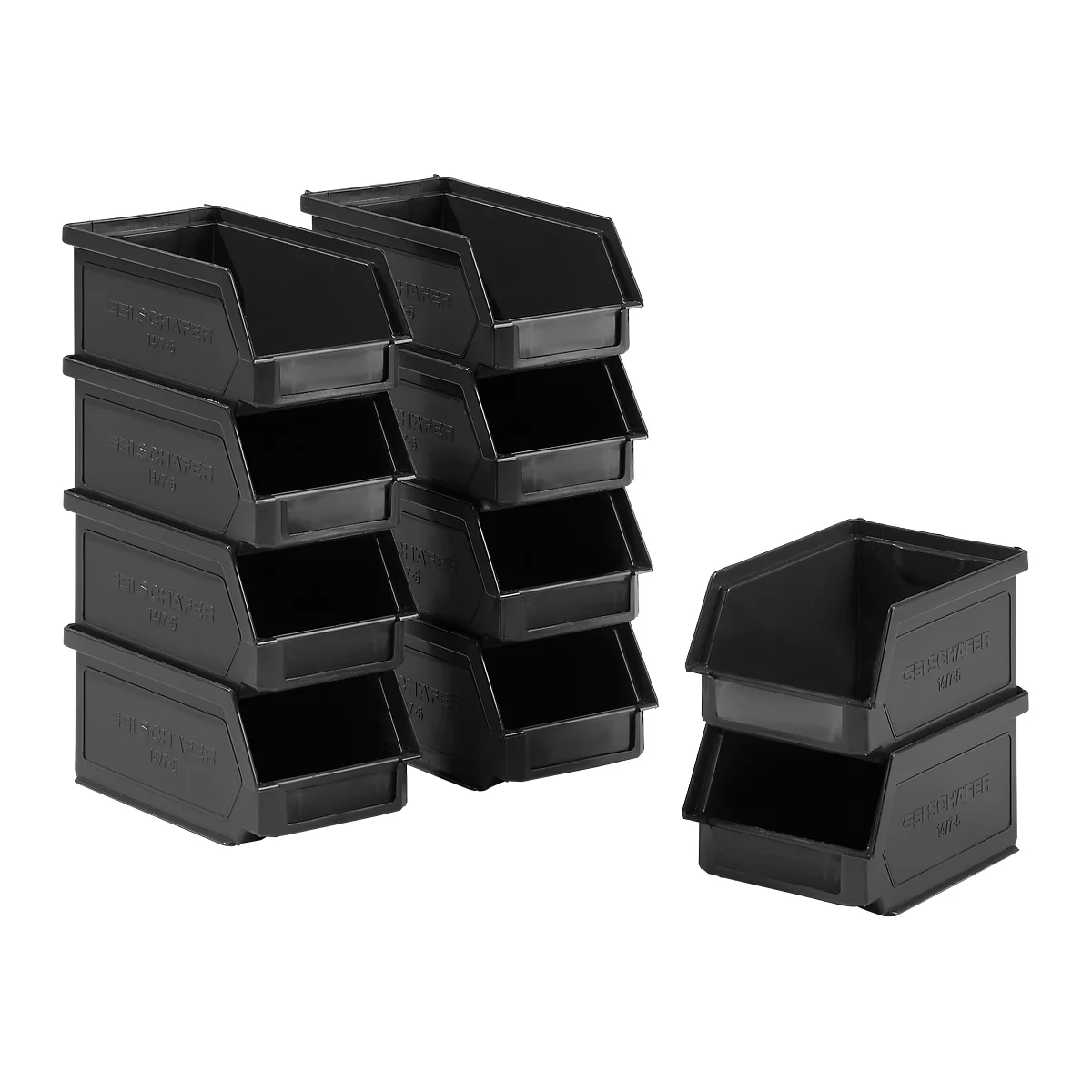 Multiple black storage bins, stacked and arranged.