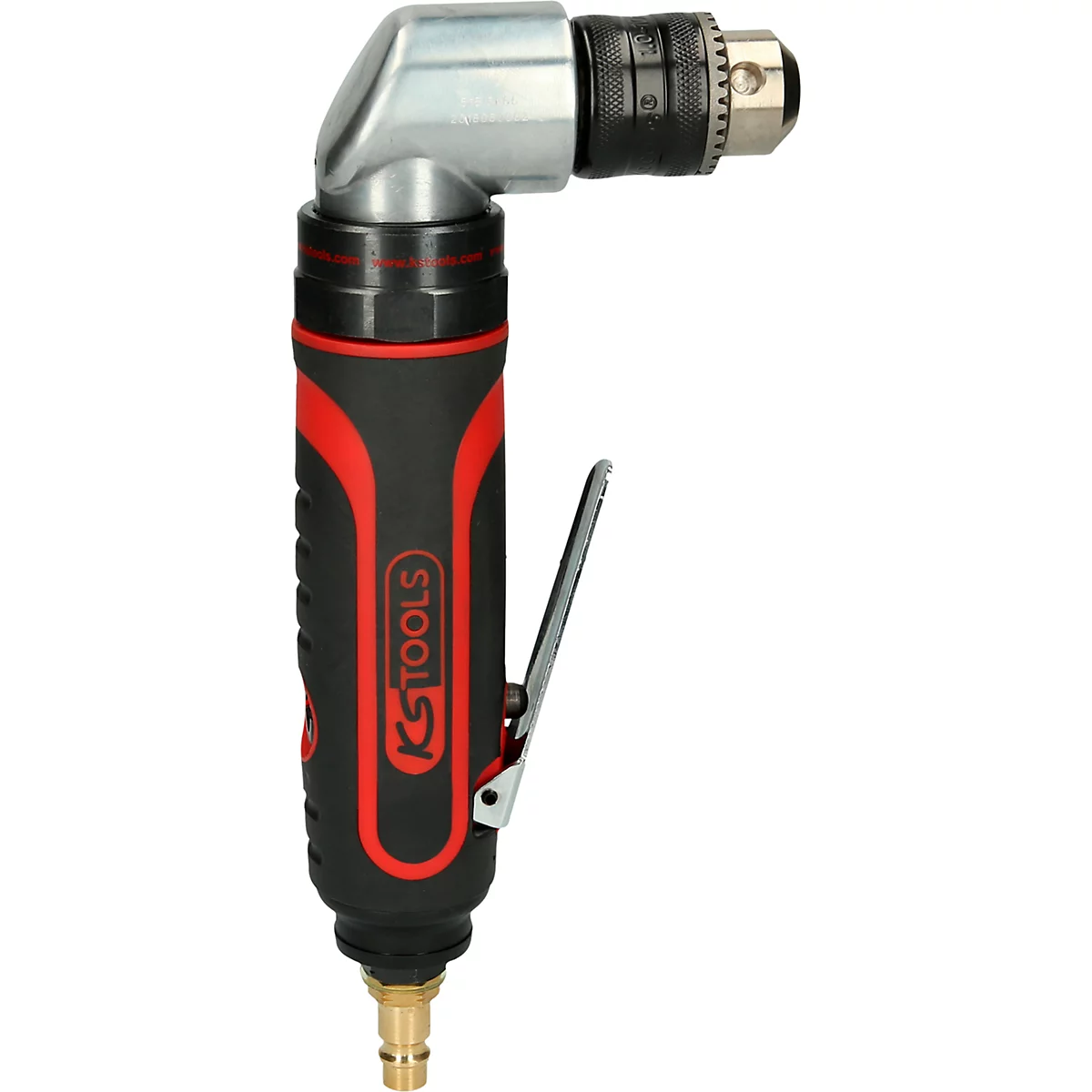 Winkelschleifer, schwarz-rot mit KS TOOLS Logo. Metallausführung mit Bohrfutter und Auslöser. Auf weißem Hintergrund.