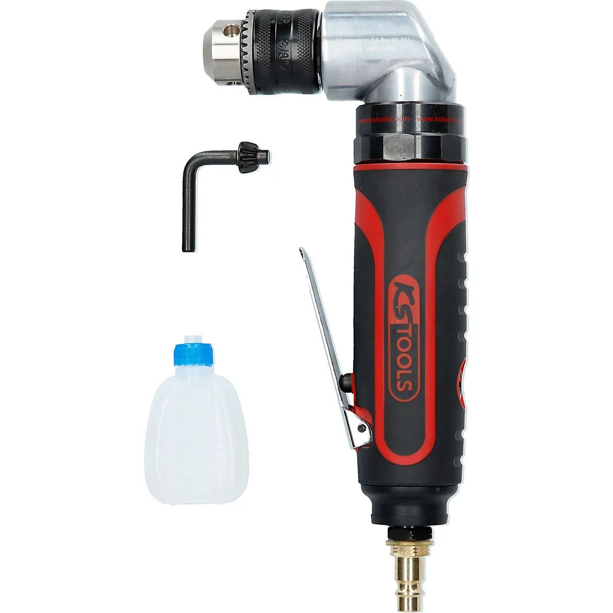 Winkelschleifer mit Zubehör, schwarz-rot, KS TOOLS Logo, auf weißem Hintergrund.