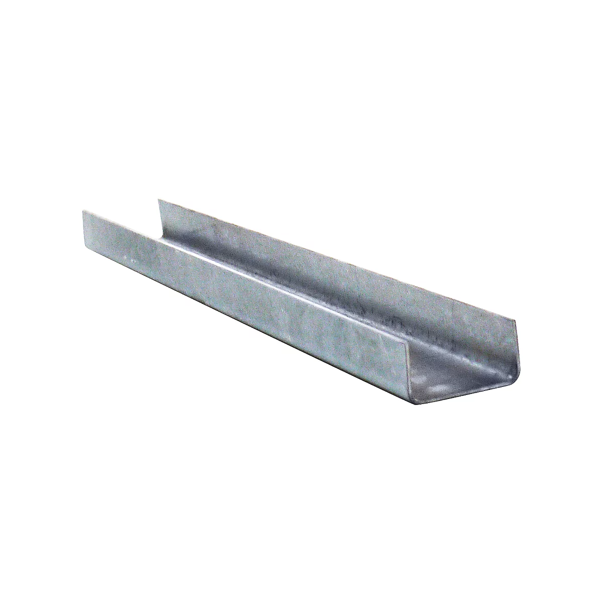 A grey, metallic U-profile for construction, diagonally on a white background. Open side up.