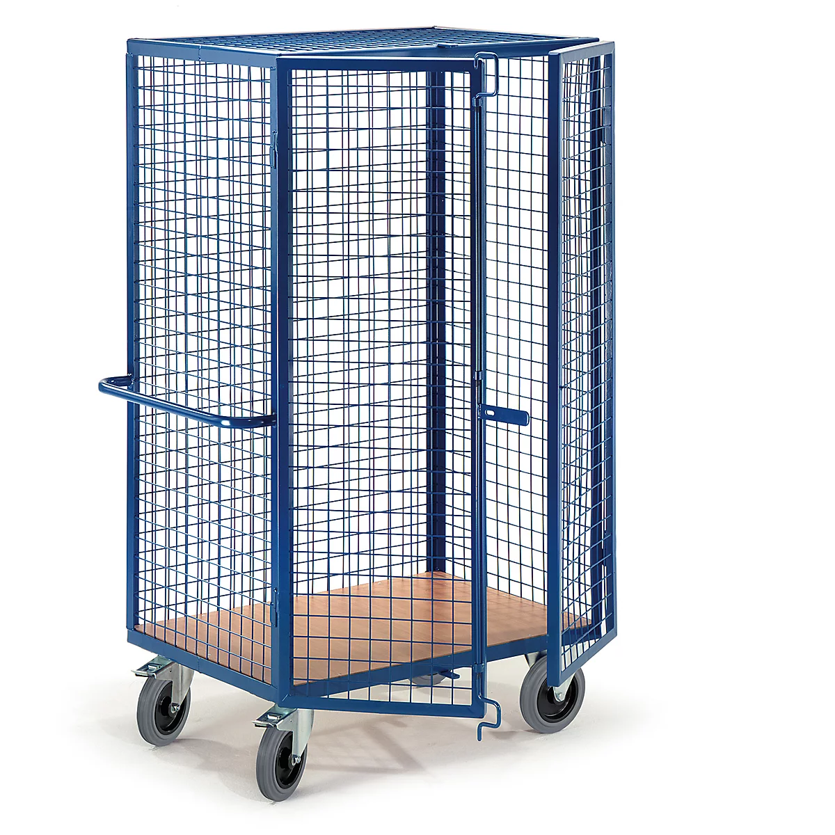 Blue mesh cart with open wooden floor, casters and handle, against a white background.
