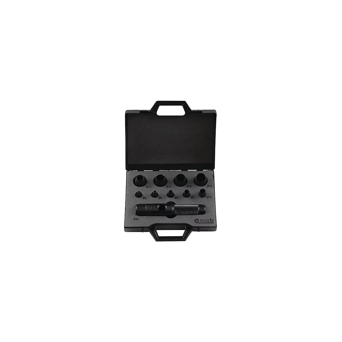 Zwarte gereedschapskoffer met diverse hole tools. De koffer is open, de tools liggen in een grijze uitsparing.