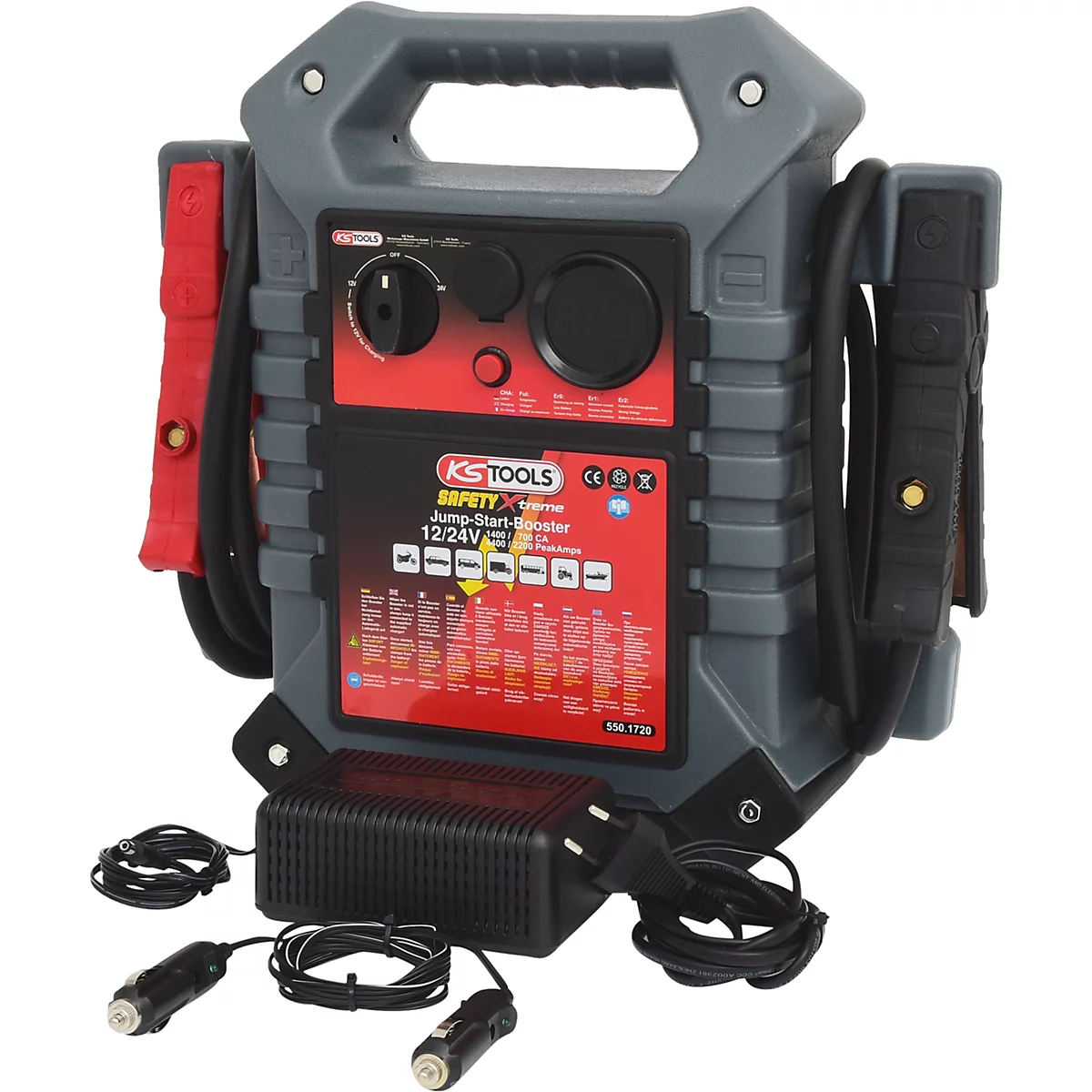Graues KS TOOLS Starthilfegerät mit roten Klemmen und rotem Bedienfeld. Aufschrift "SAFETY Xtreme Jump-Start-Booster".