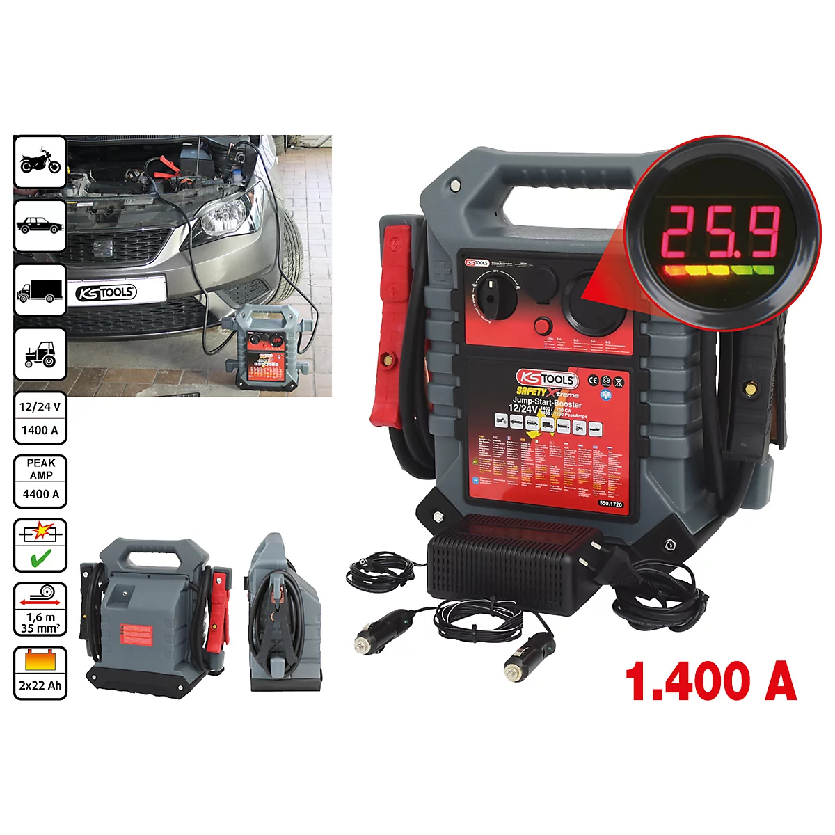 Starthilfegerät vor Auto. Digitalanzeige: 25,9. Aufschrift: 1400 A, KS Tools. Schwarz, Rot, Grau.