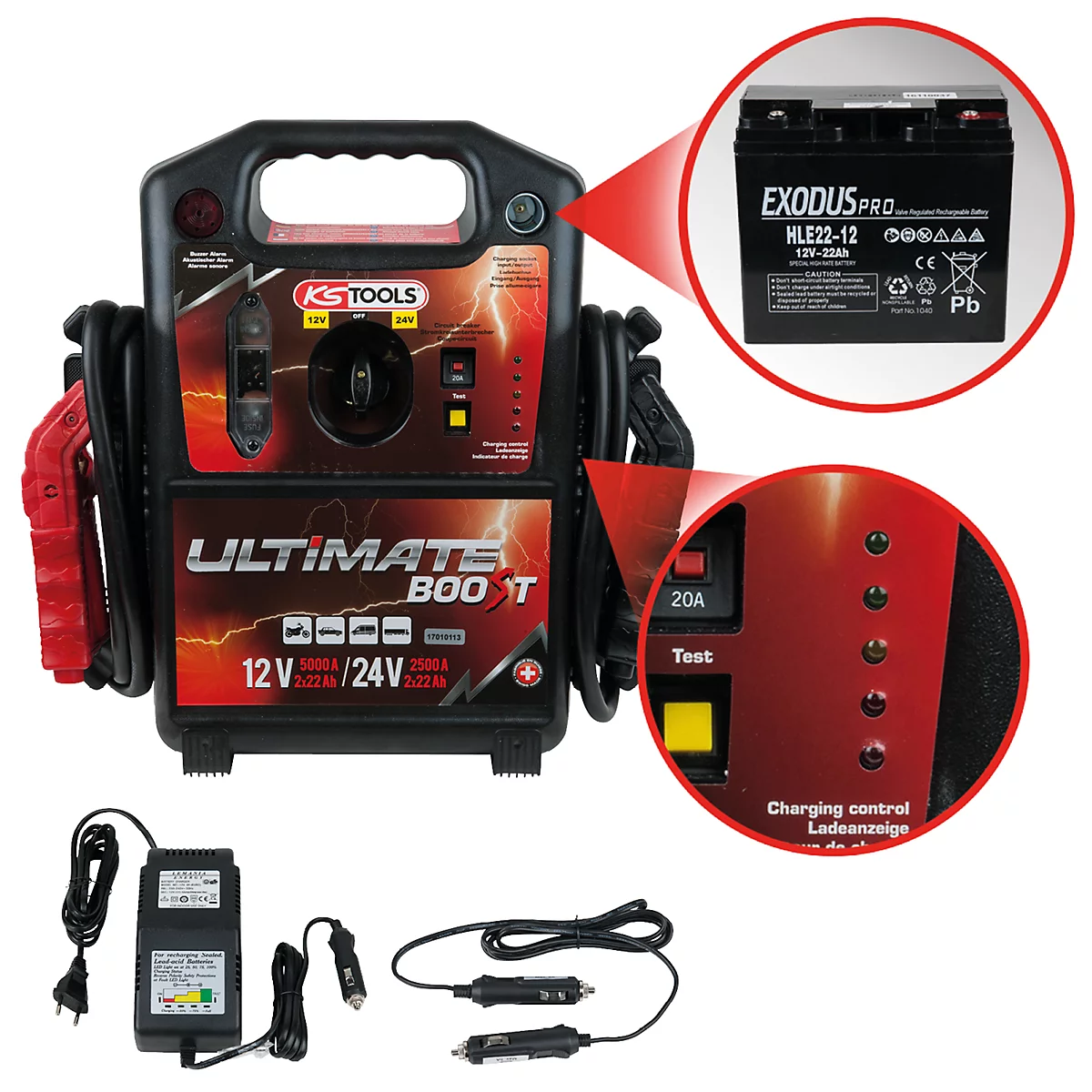 Starthilfegerät mit Batterie und Zubehör. Das Gerät hat eine rote und schwarze Farbgebung mit Schriftzügen wie "Ultimate Boost" und "12V/24V".