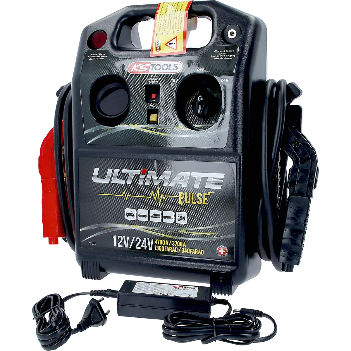 Schwarzes Starthilfegerät mit rotem und schwarzem Kabel, Aufschrift "ULTIMATE PULSE" und "KS TOOLS".
