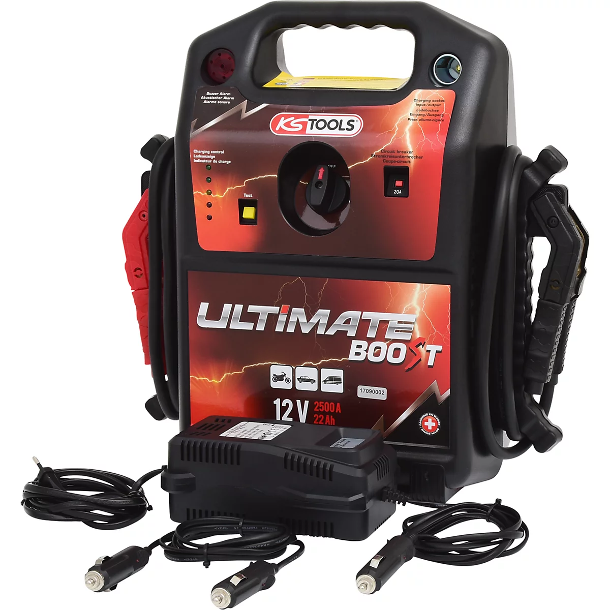 Schwarzes Starthilfegerät mit roten Akzenten, Schriftzug 'ULTIMATE BOOST'. Darunter ein Ladegerät und Stecker.