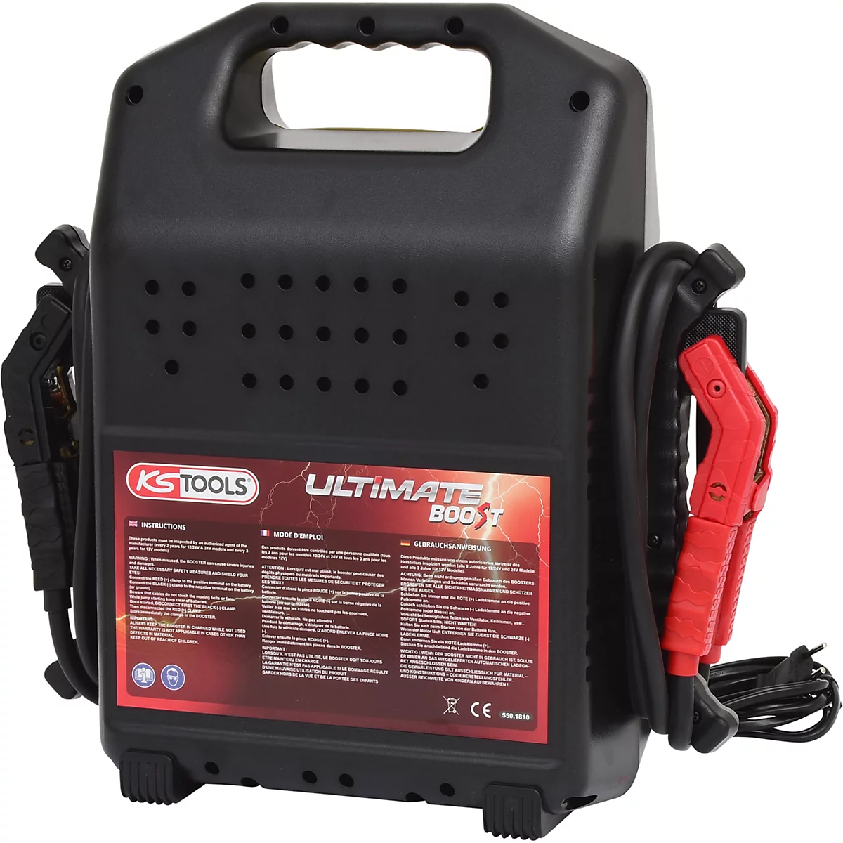 Schwarzes Starthilfegerät mit rotem Label. Aufschrift "KS TOOLS ULTIMATE BOOST 800 T". Rote und schwarze Klemmen sind sichtbar.