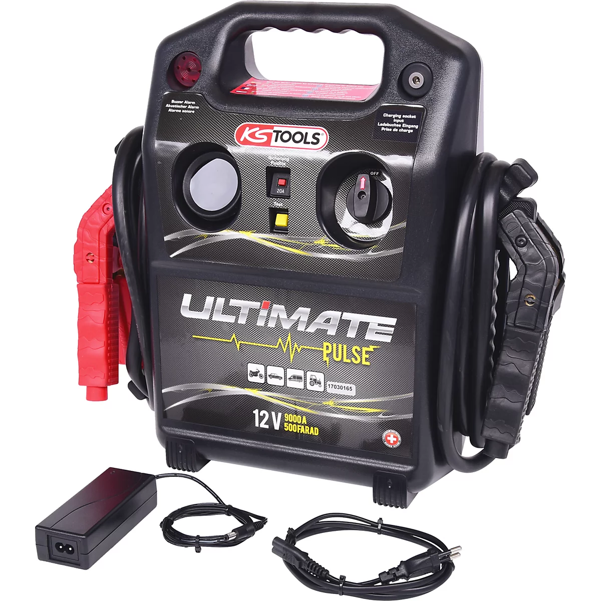 Schwarzes Starthilfegerät mit Tragegriff, roten Klemmen und Text: ULTIMATE PULSE 12V.
