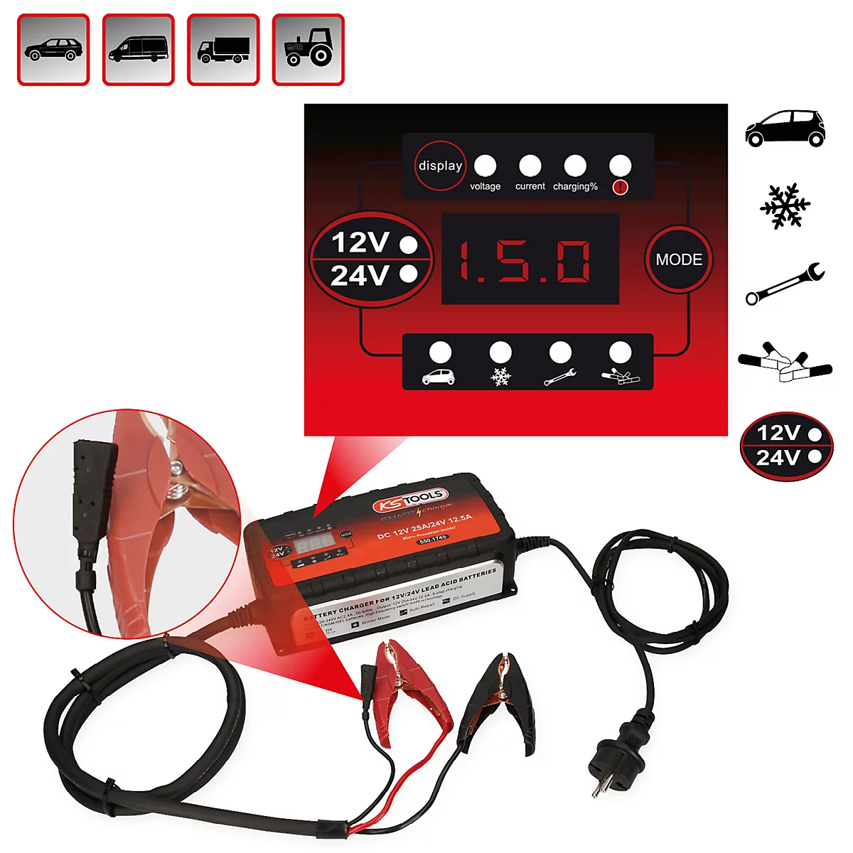Ein schwarzes Batterieladegerät mit rotem Display und Ladeklemmen. In der oberen linken Ecke befinden sich Piktogramme von Fahrzeugen.