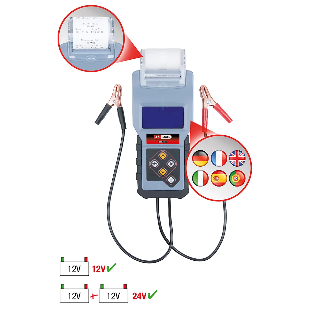 Batterietester mit Zangen, Display und Drucker. Die Papierausgabe zeigt Testergebnisse. Logos und Sprachen im Bild.