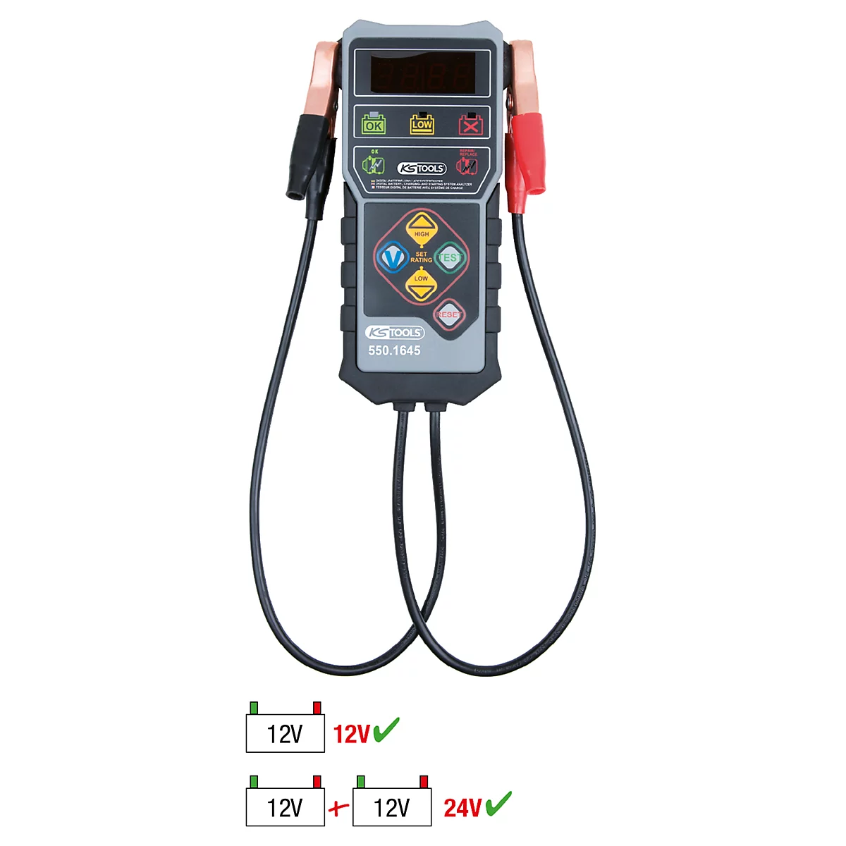 Schwarzes Batterietestgerät mit roten und schwarzen Klemmen, mit Anzeige und zwei Diagrammen zur Spannungserkennung.