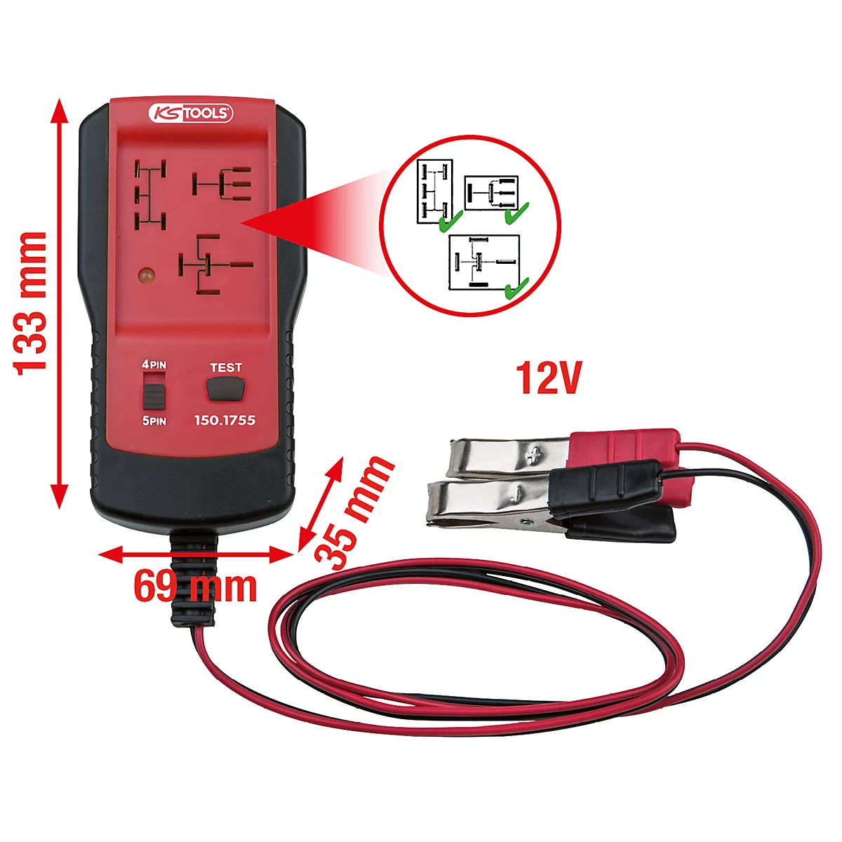 Rotes KS TOOLS-Relaisprüfgerät mit schwarzen Kabeln und Klemmen; 12V.