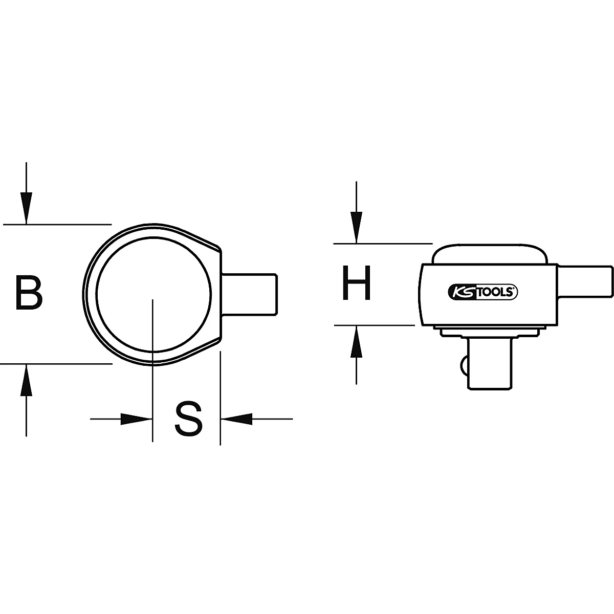 Technische Zeichnung eines Werkzeugs: Ansicht von oben und von der Seite mit Maßangaben.