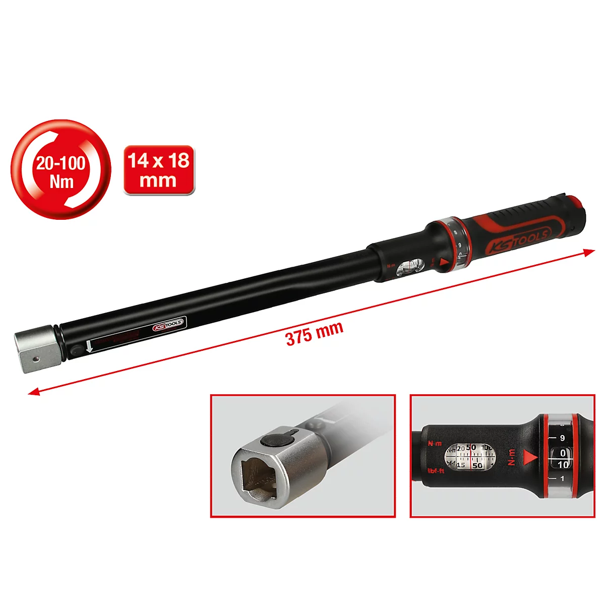 Schwarzer Drehmomentschlüssel mit roter Markierung. Auf der Skala steht: 20-100 Nm, 14 x 18 mm, 375 mm.