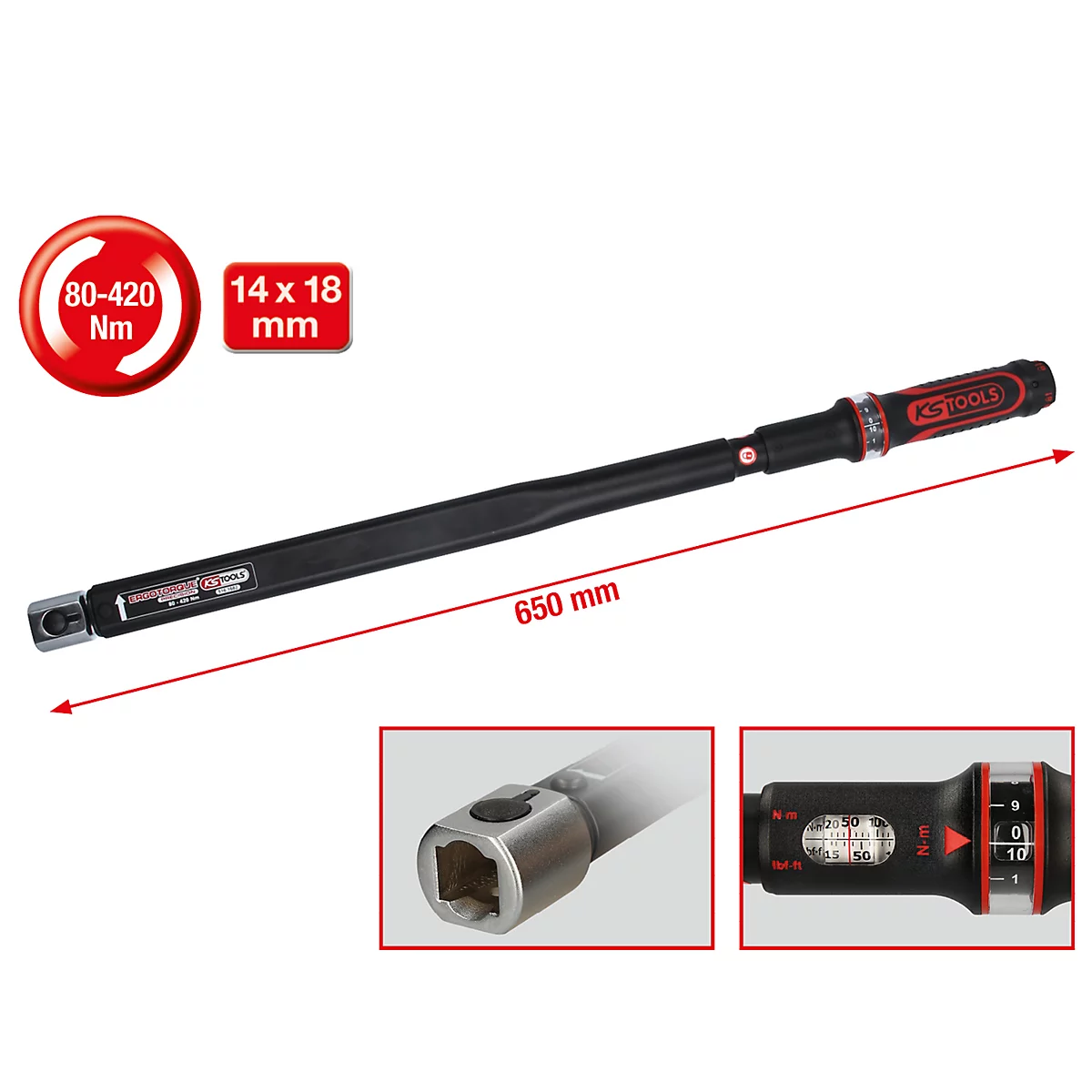 Drehmomentschlüssel von KS TOOLS. Schwarzer Griff, rotes Einstellrad, Messbereich 80-420 Nm. Detailansichten zeigen den Kopf und die Skala.