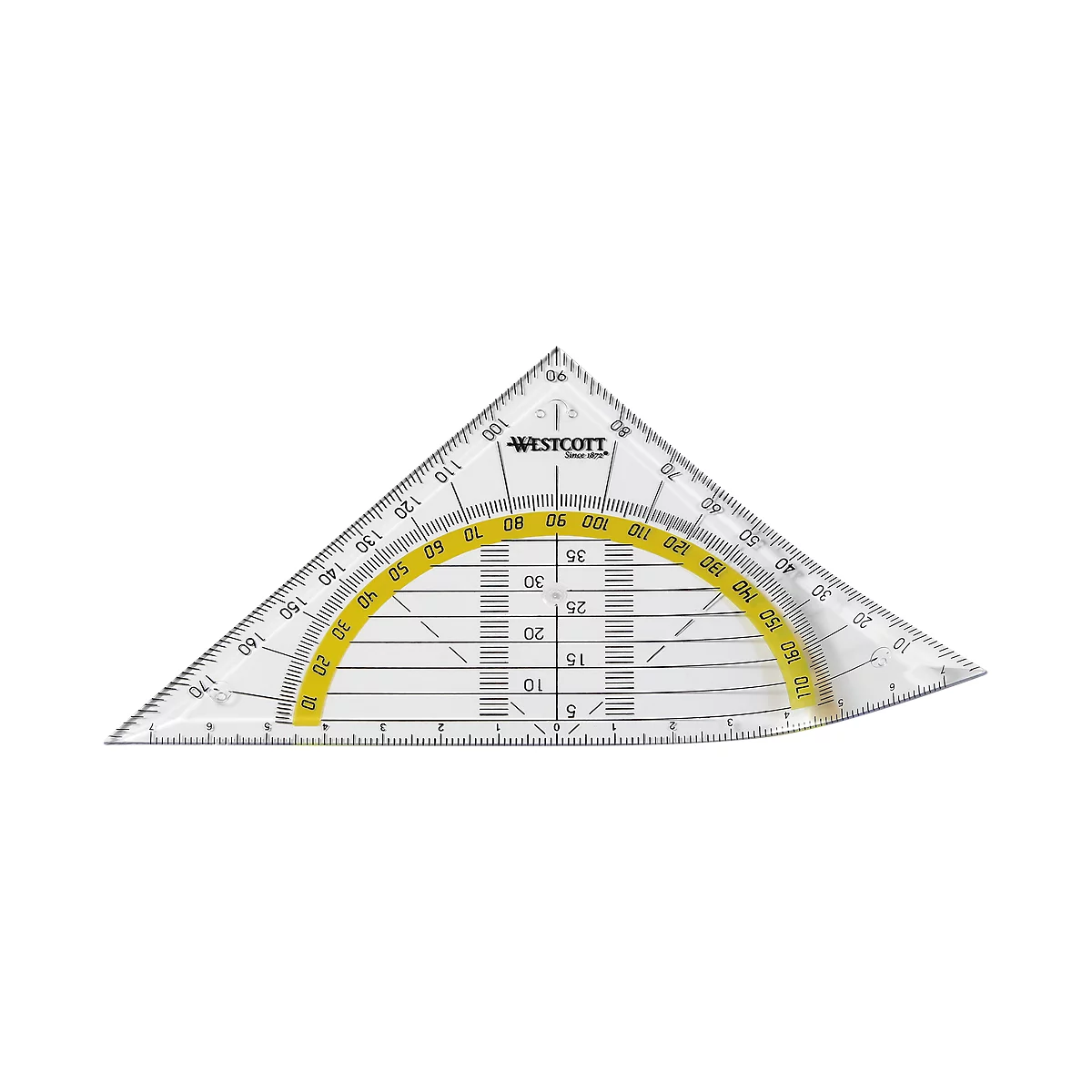 A transparent set square with yellow angle scale markings and the inscription "WESTCOTT".