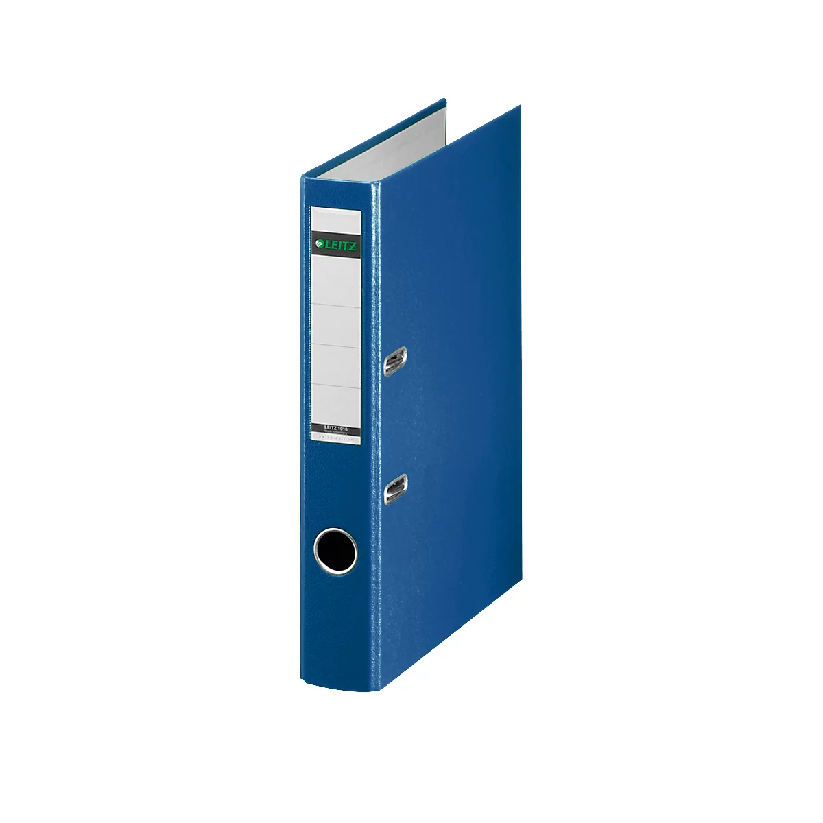 Blue Leitz binder, opened. The binder has a white sticker and a metal eyelet.