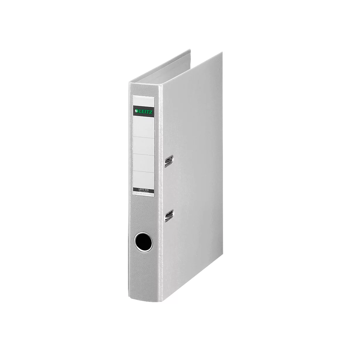 Gray Leitz binder, left label with logo and space for text. Metal bracket on the inside.