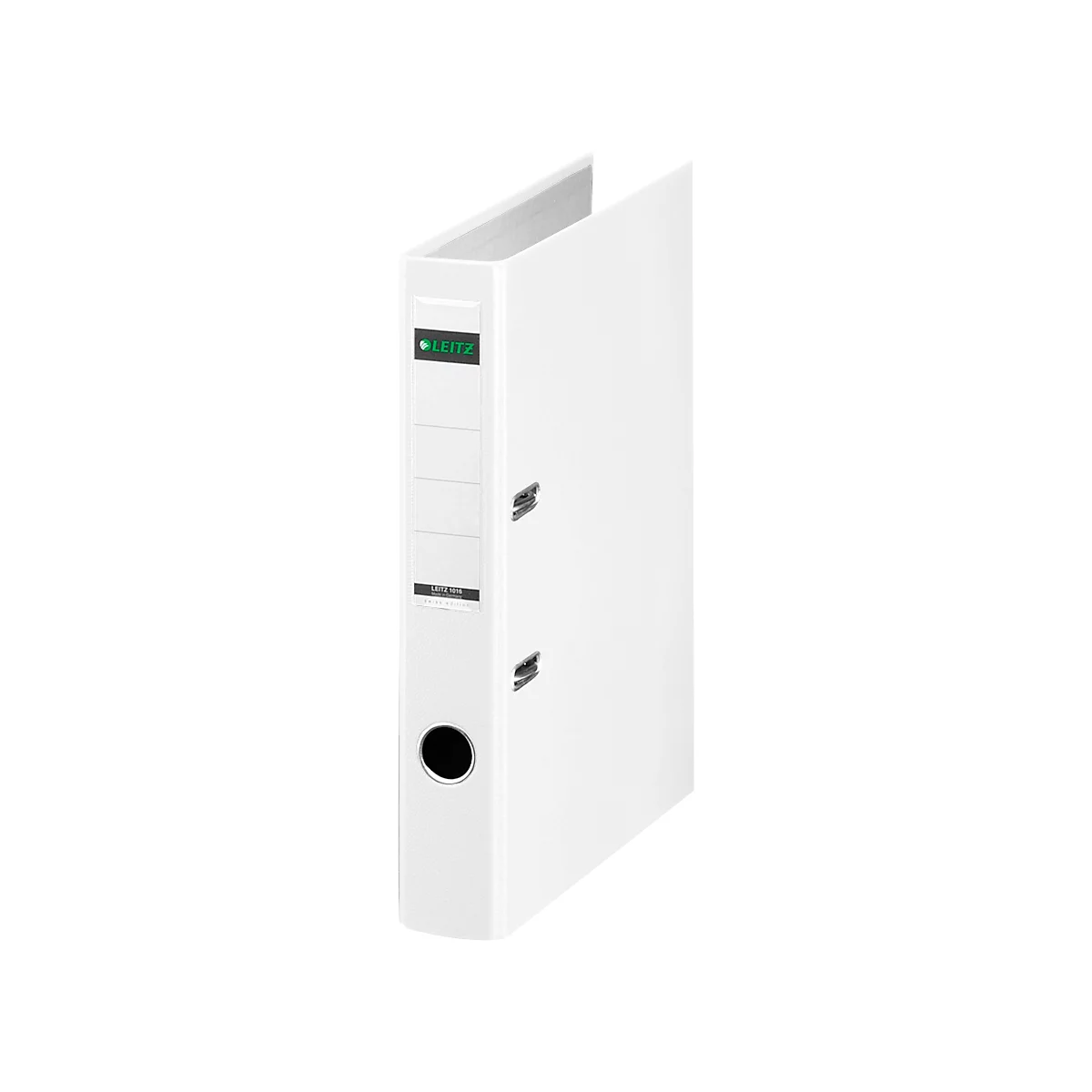 White Leitz file folder in portrait, black hole at the bottom left, logo at the top left.