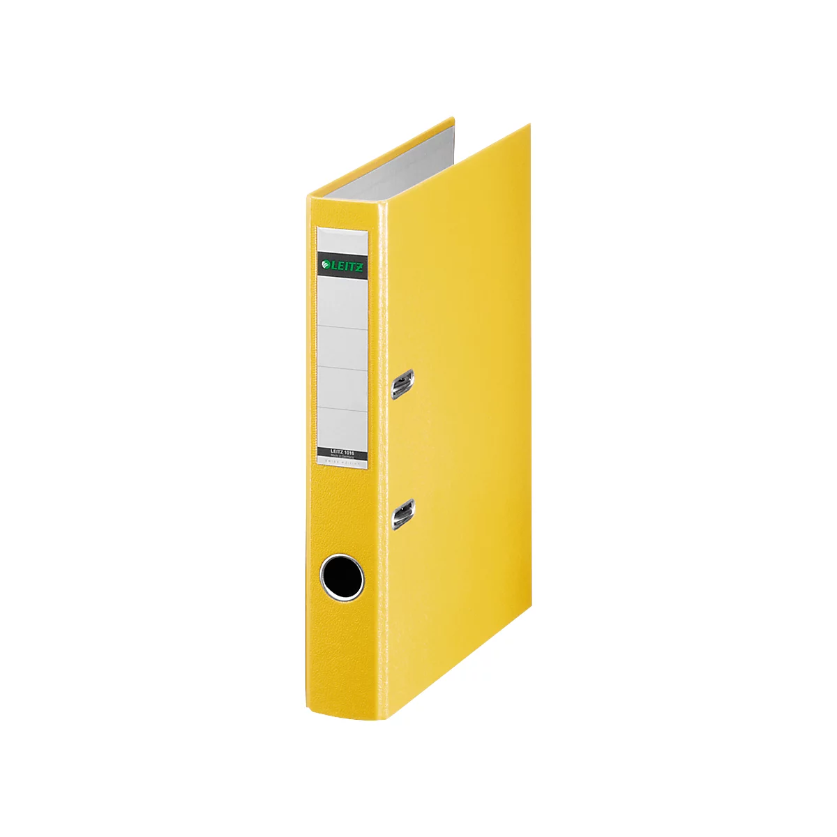 Yellow Leitz binder. A white label with the manufacturer's logo and name is attached to the spine. The binder is slightly open.