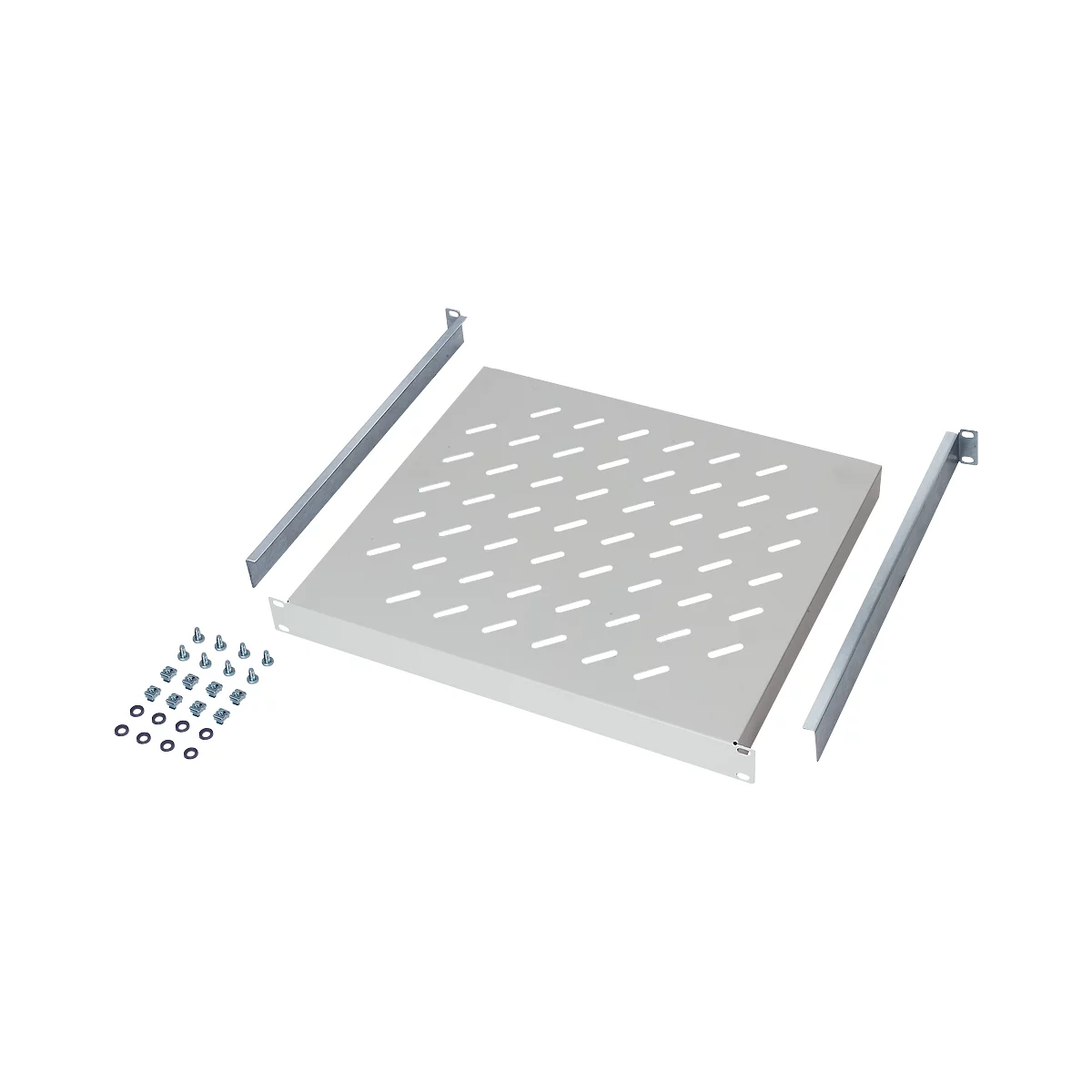Light grey server rack with perforated pattern, along with mounting hardware.