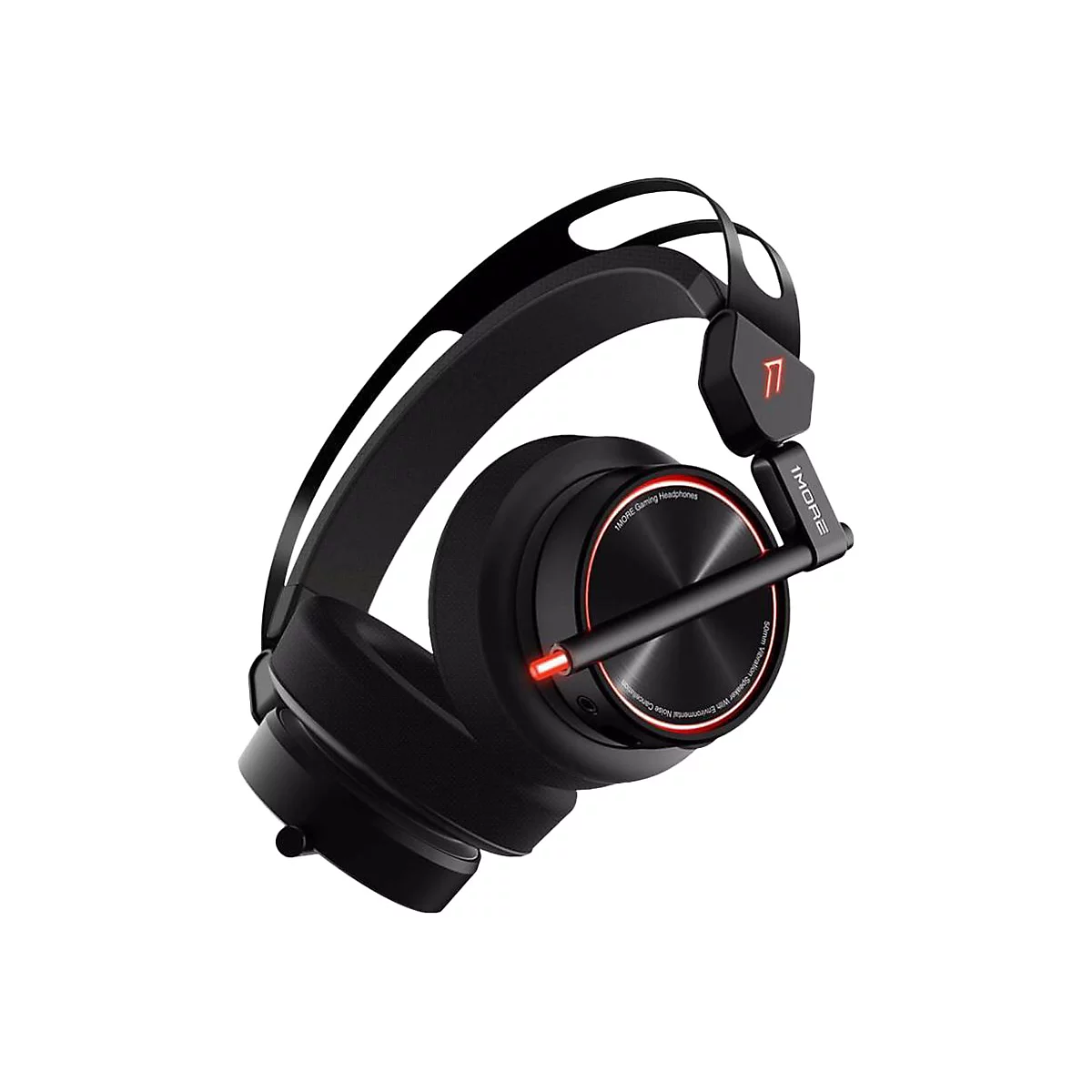 Schwarzes Gaming-Headset mit roten LED-Akzenten und 1MORE-Branding auf weißem Hintergrund.
