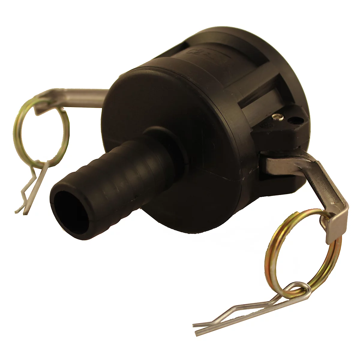 Black quick coupling with silver brackets and rings.