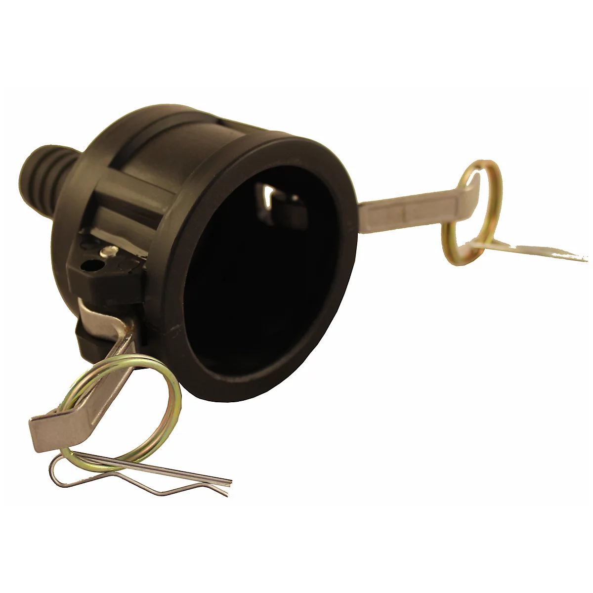 Black quick coupling with metal bracket and retaining pin. The front end is open and round.