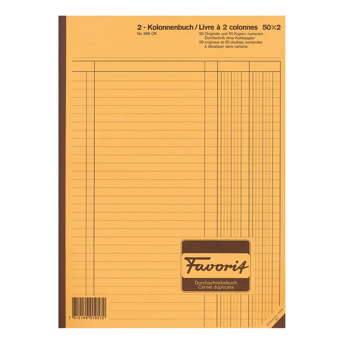 An open, checkered yellow notebook. At the top is the title and product description in German and French. Below the Favorit logo.