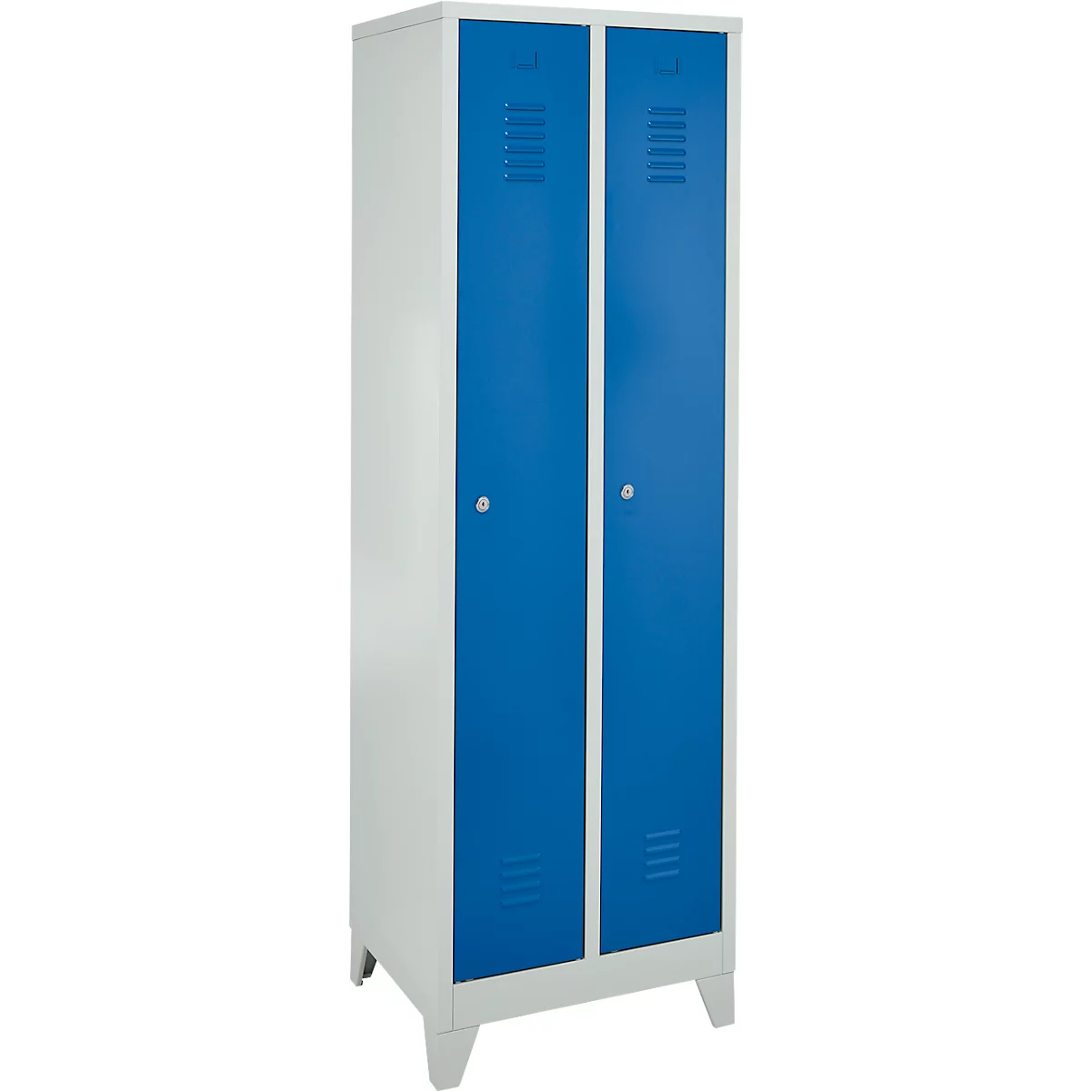Een witte stalen kast met twee blauwe deuren. Ventilatiesleuven en knoppen zijn aan de deuren bevestigd.