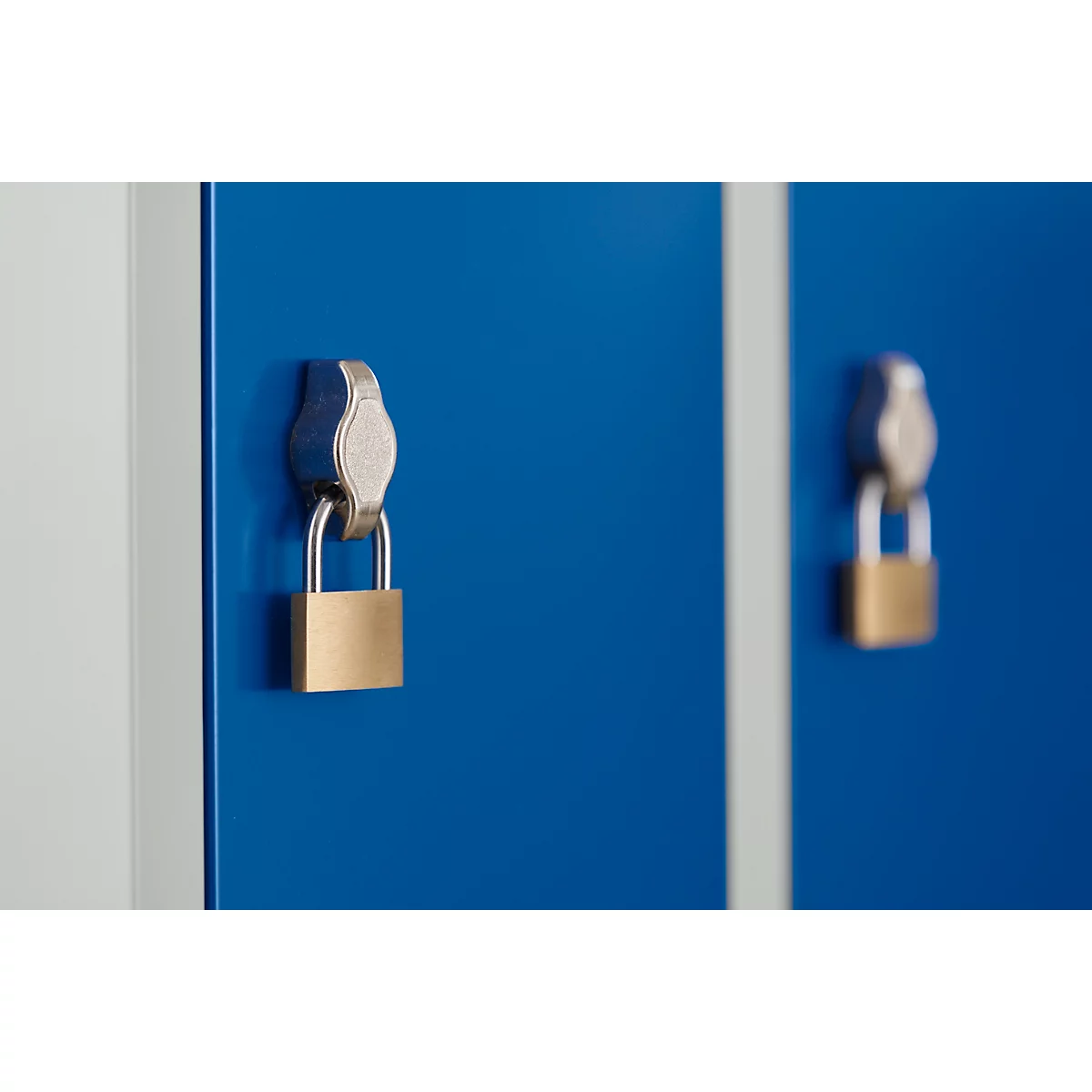 Two blue cabinet doors with golden padlocks attached.