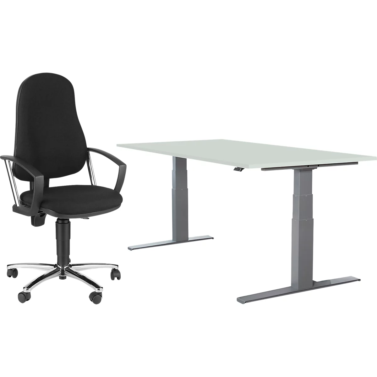 2-delige Brombel-set, aanlogtafel, elektrisch in hoogte verstelbaar, B 1600 mm, aluminium lichtgrijs/wit + bro stoel Point 60