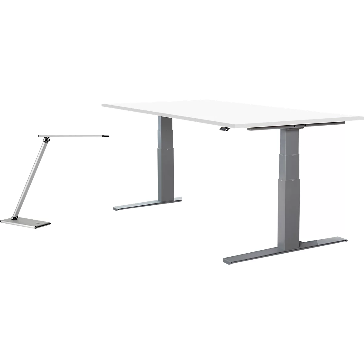 2-delige Brombel-set, Login-bureau, elektrisch in hoogte verstelbaar, B 1600 mm, alu wit/wit + Terra LED-tafellamp