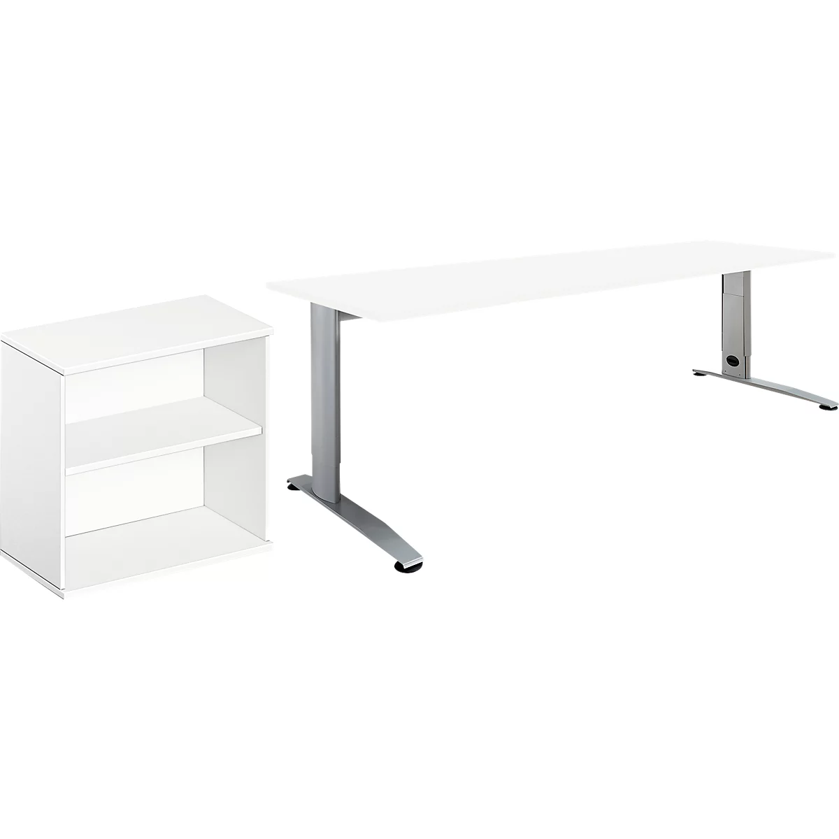 2-delige kantoormeubelset Schäfer Shop Select Login, bureau, B 1600 mm, wit/wit aluminium RAL 9006 + aanbouwmeubel 2OH in wit 