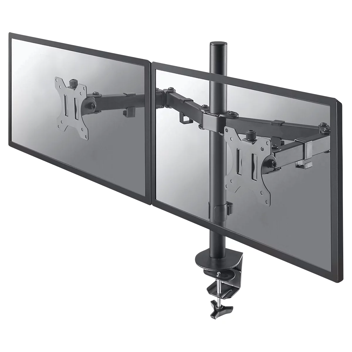 A black dual monitor arm with two monitors. The arm is attached to a desk with a clamp.