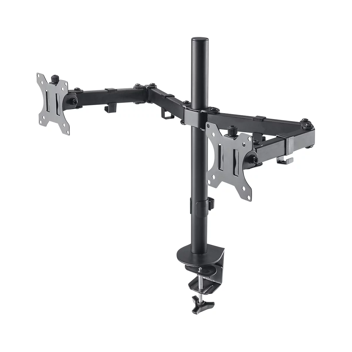 Black monitor mount for two screens, attached to a clamp.