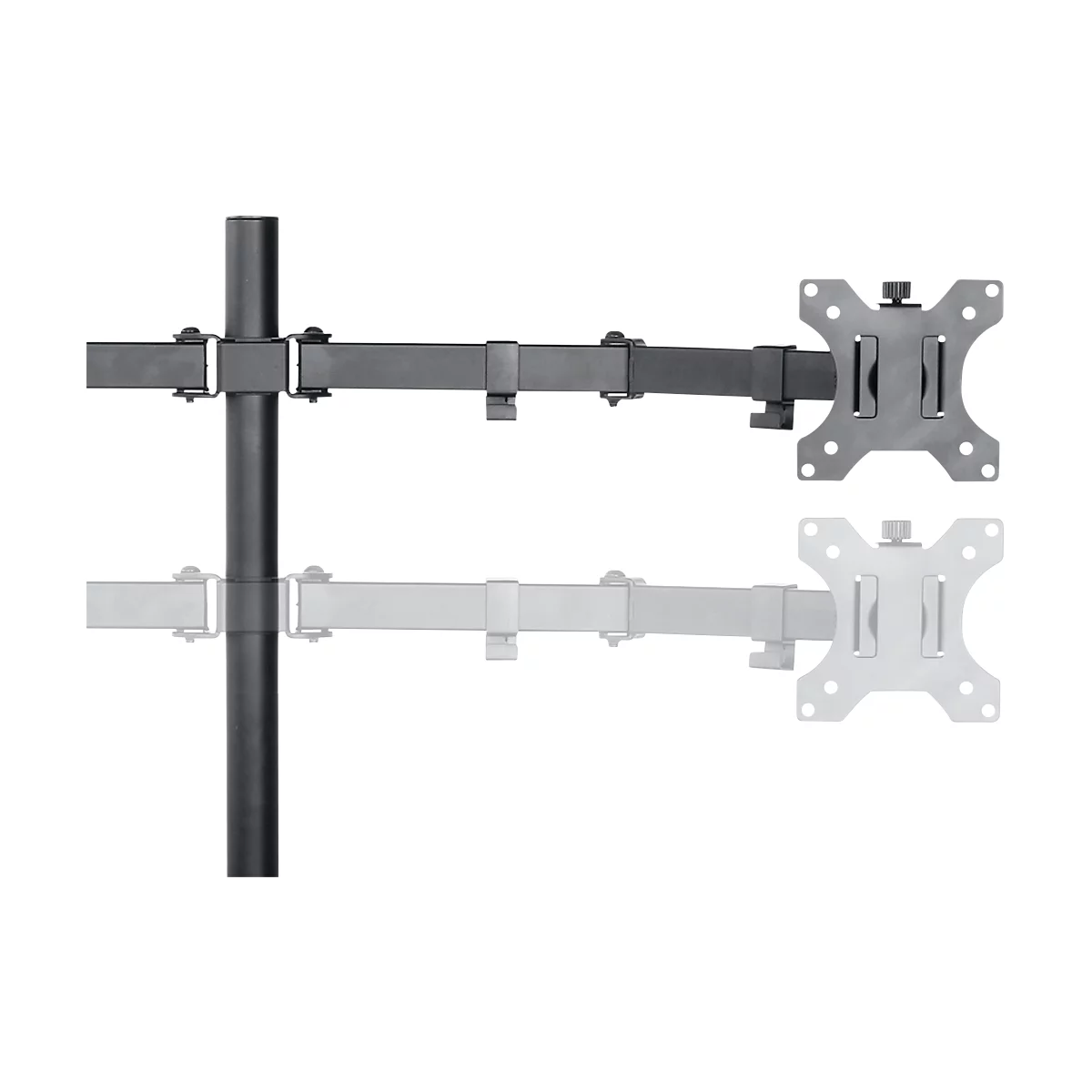 Black monitor mount with two arms, one fully visible, one partially. Gray background.