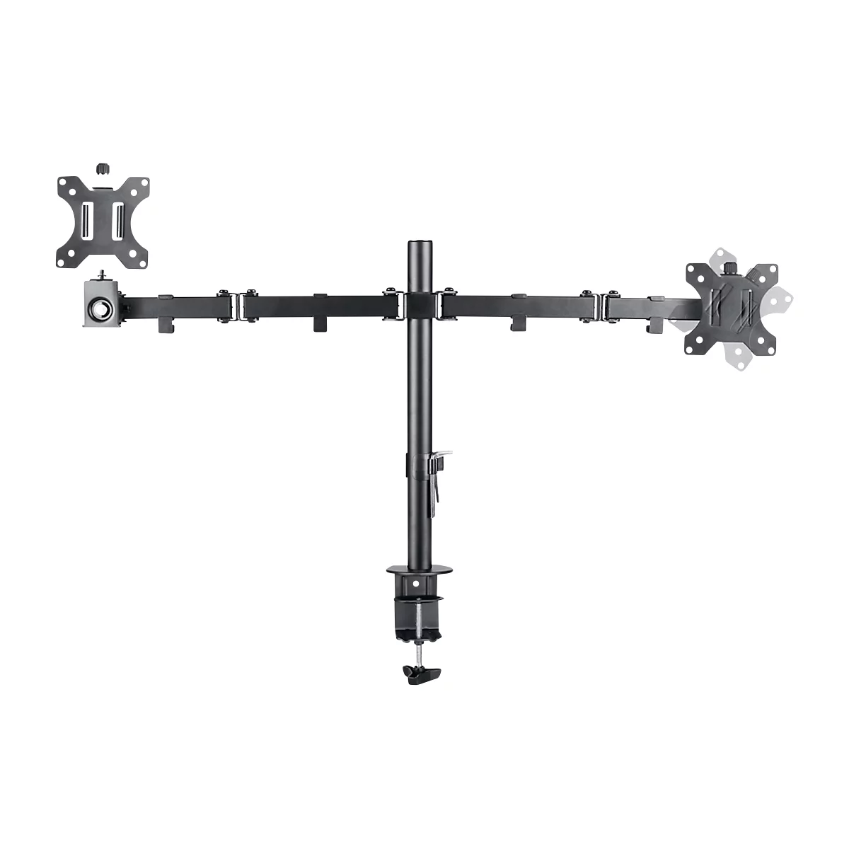 Black, two-part monitor arm with brackets and clamps for attaching to a desk.
