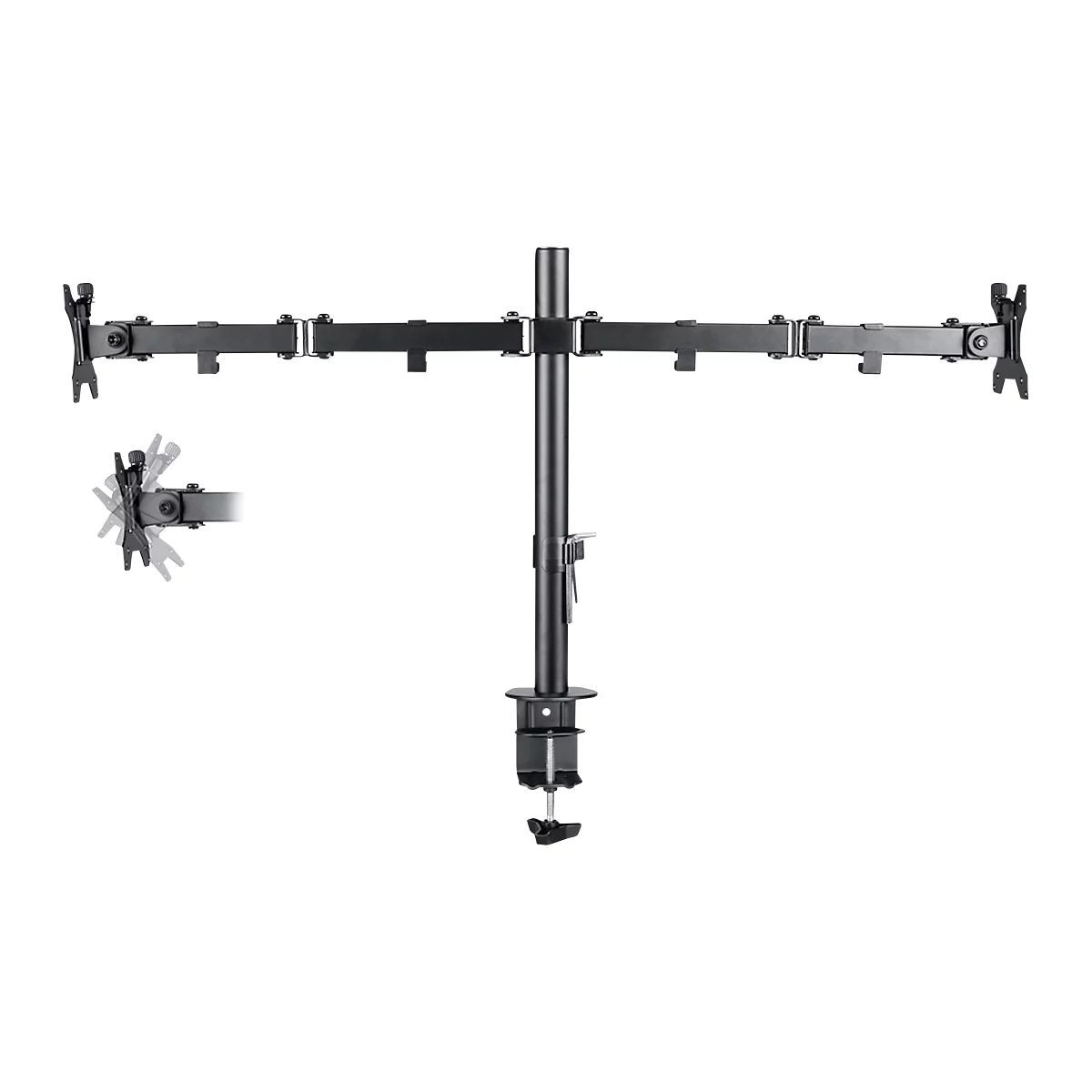 Black monitor mount for two screens. Horizontal arms, vertical pole with screw clamp. Additional detail of the mount in the corner.