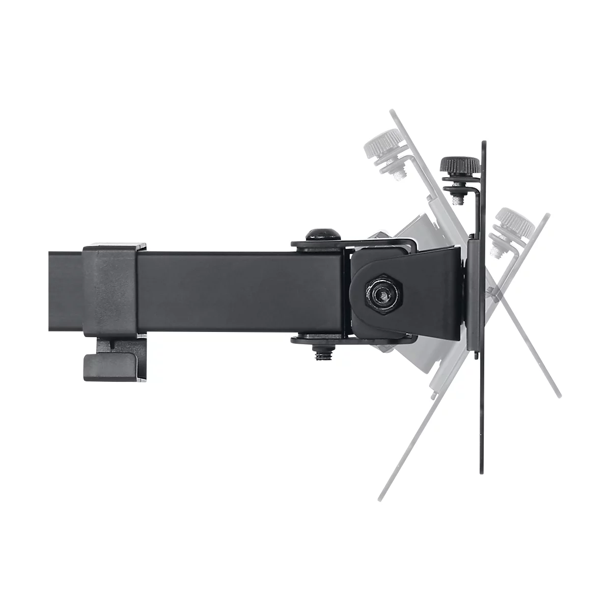 Black TV mount; rotatable and tiltable from different angles.