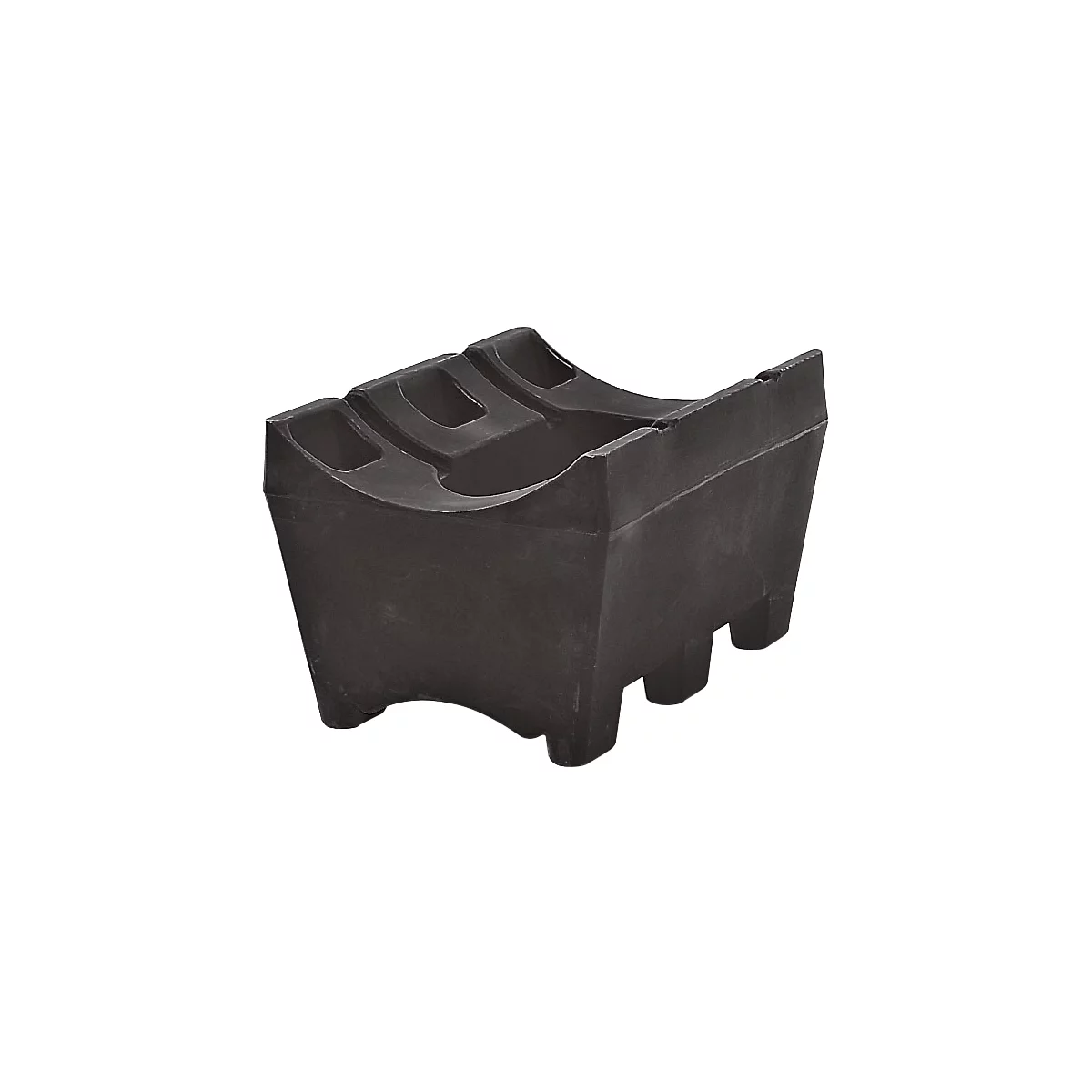 Black plastic barrel holder with three recesses on top and four legs. Angled sides.